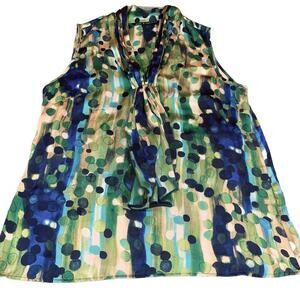 Zac and Rachel Womens Sleeveless Size L Blue Green Polka Dot Satiny Top Blouse​​